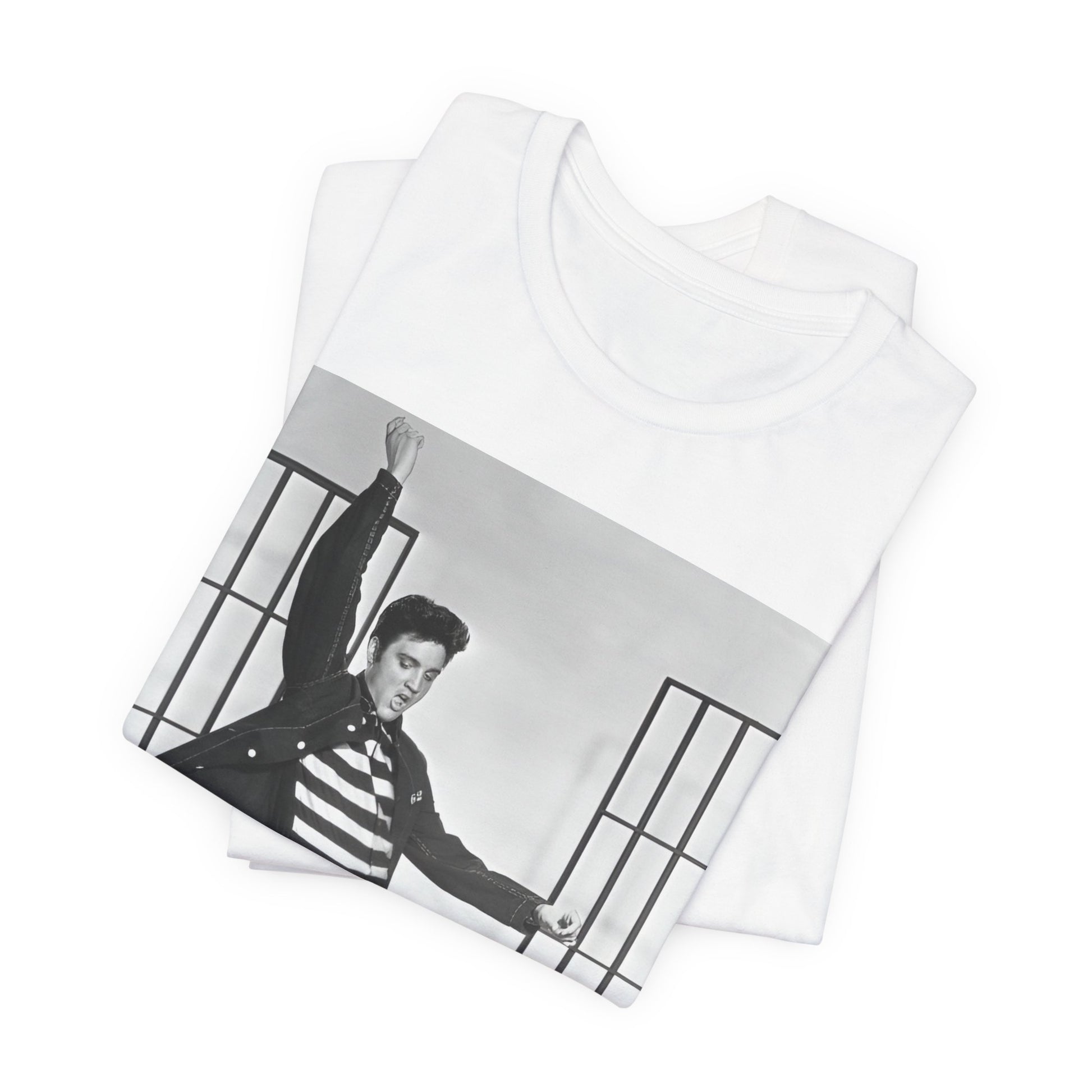 A black graphic t-shirt featuring a graphic related to Elvis Presley's 'Jailhouse Rock' song.