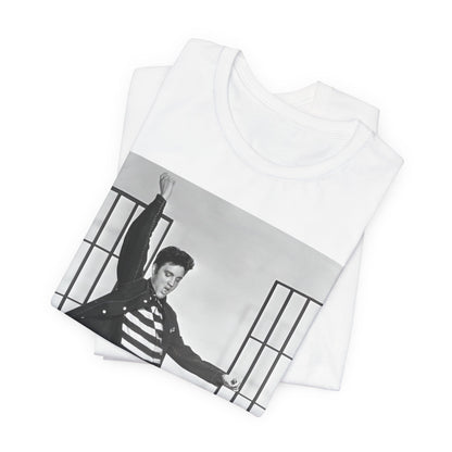 A black graphic t-shirt featuring a graphic related to Elvis Presley's 'Jailhouse Rock' song.