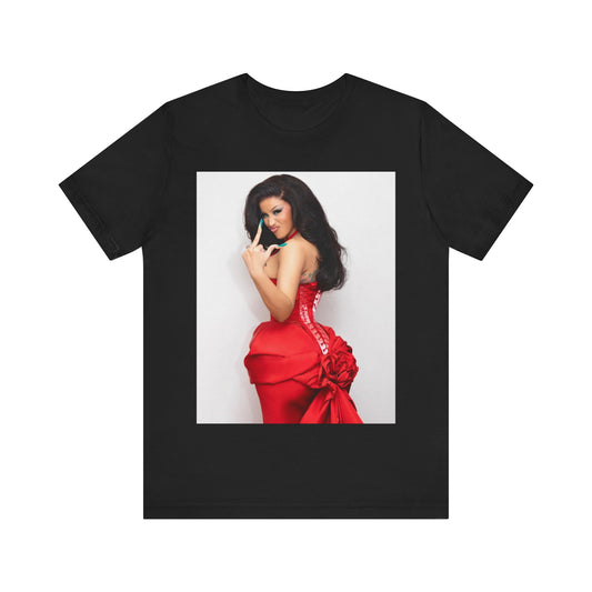 A black graphic t-shirt featuring a graphic of Cardi B making 'the finger' gesture.