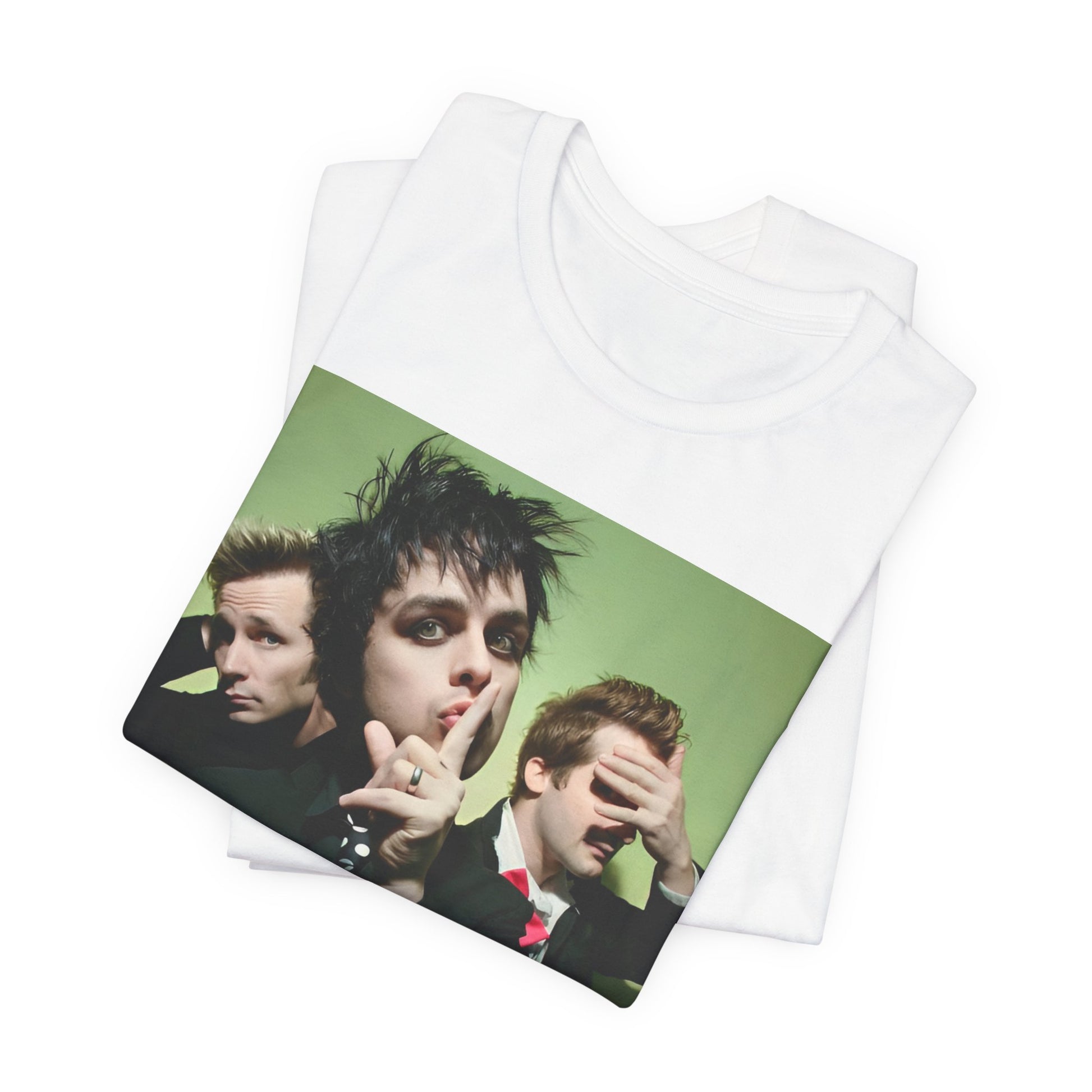 A black graphic t-shirt featuring a classic 90s pop-punk aesthetic graphic of Green Day.