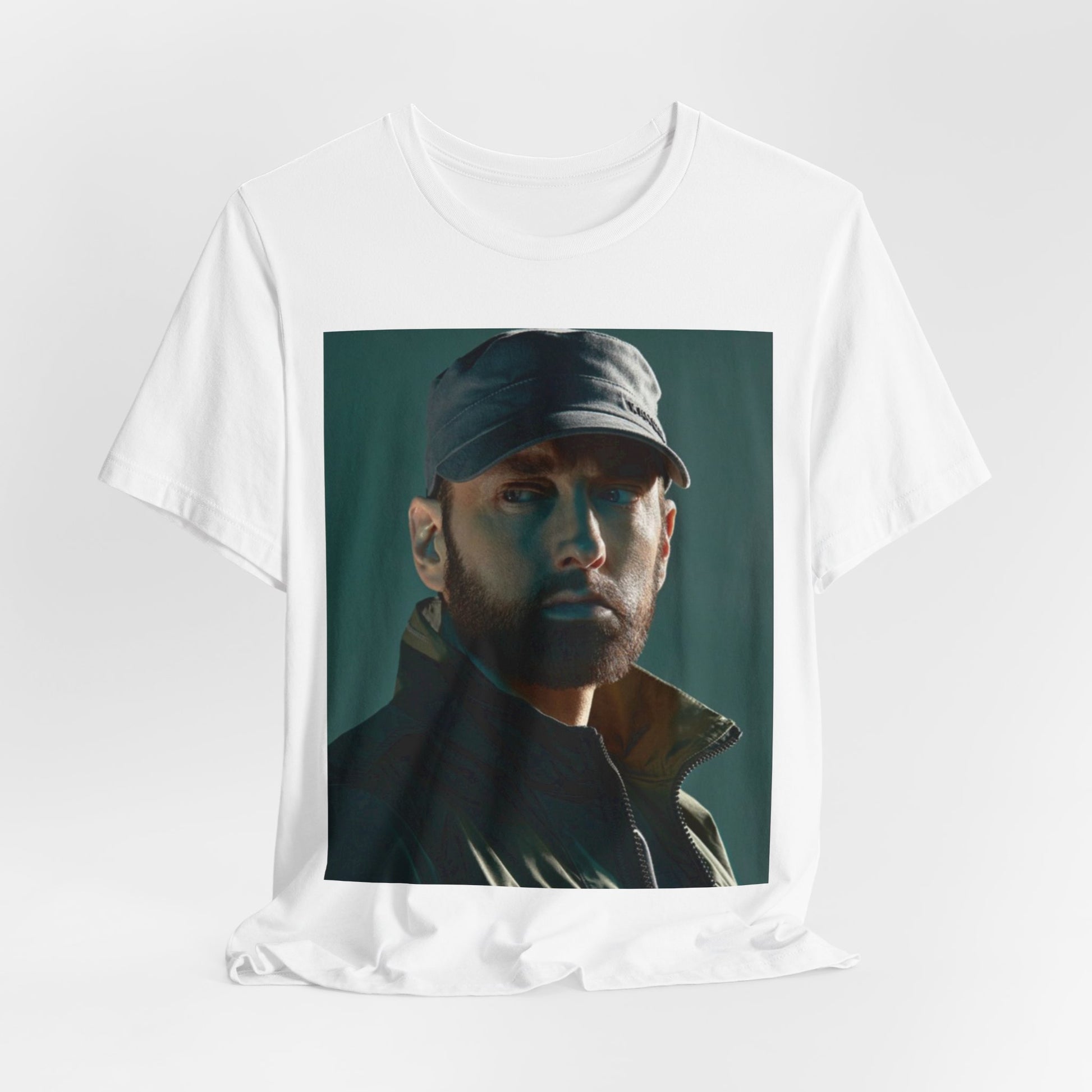 A black graphic t-shirt featuring a graphic of Eminem as a rap genius.
