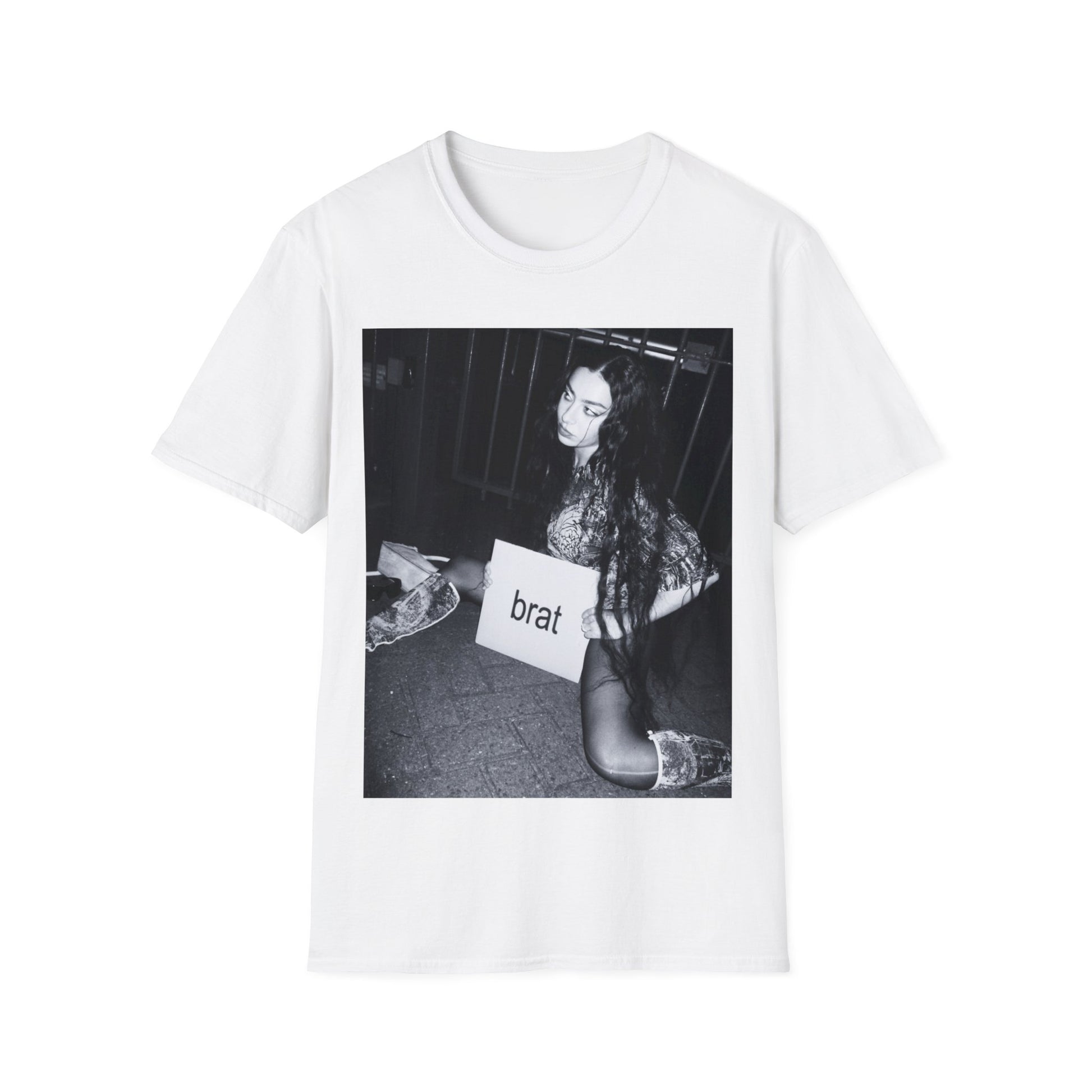 A black graphic t-shirt featuring a graphic related to Charli XCX's 'Brat' album.