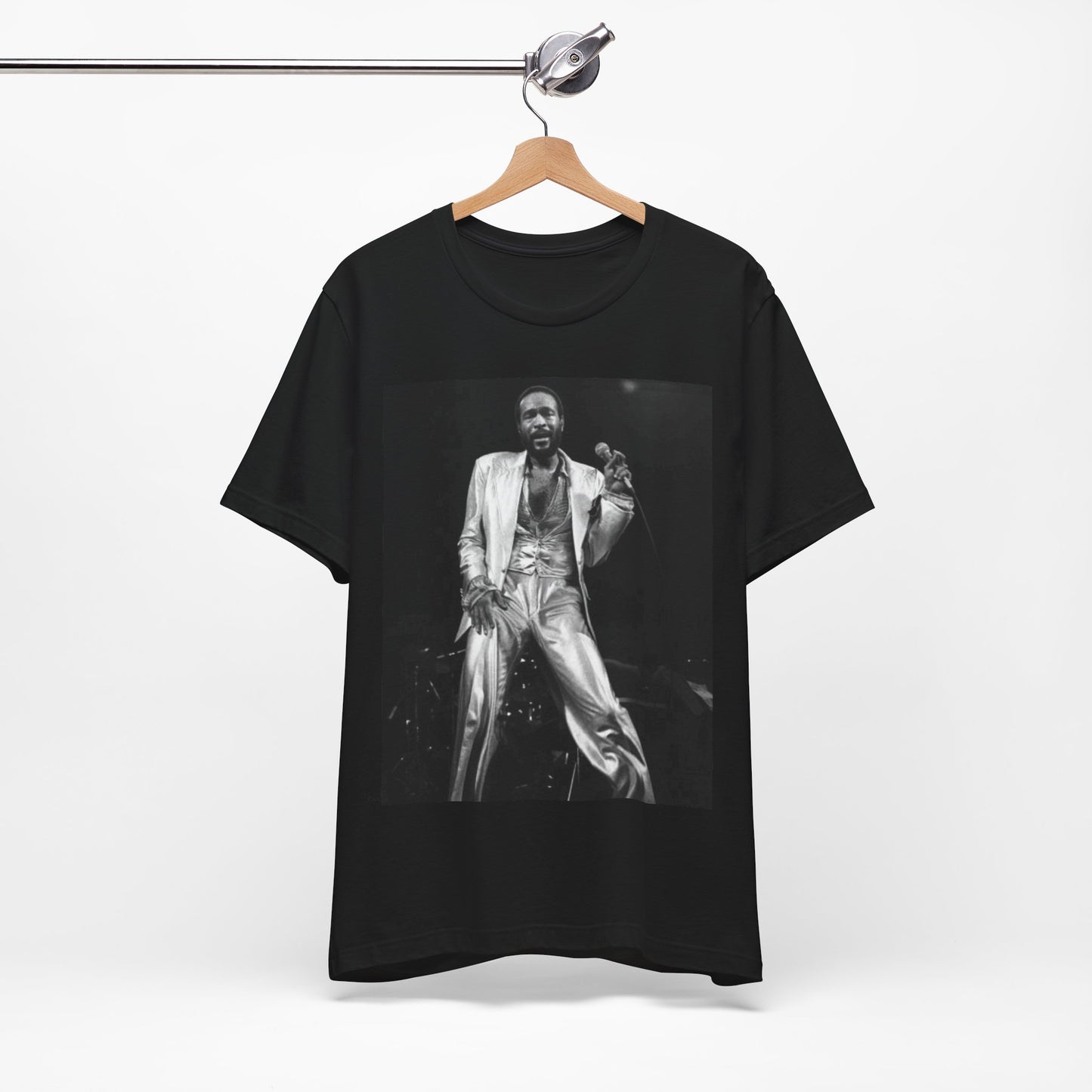 A black graphic t-shirt featuring a live graphic related to Marvin Gaye's 'Sexual Healing' song or era.
