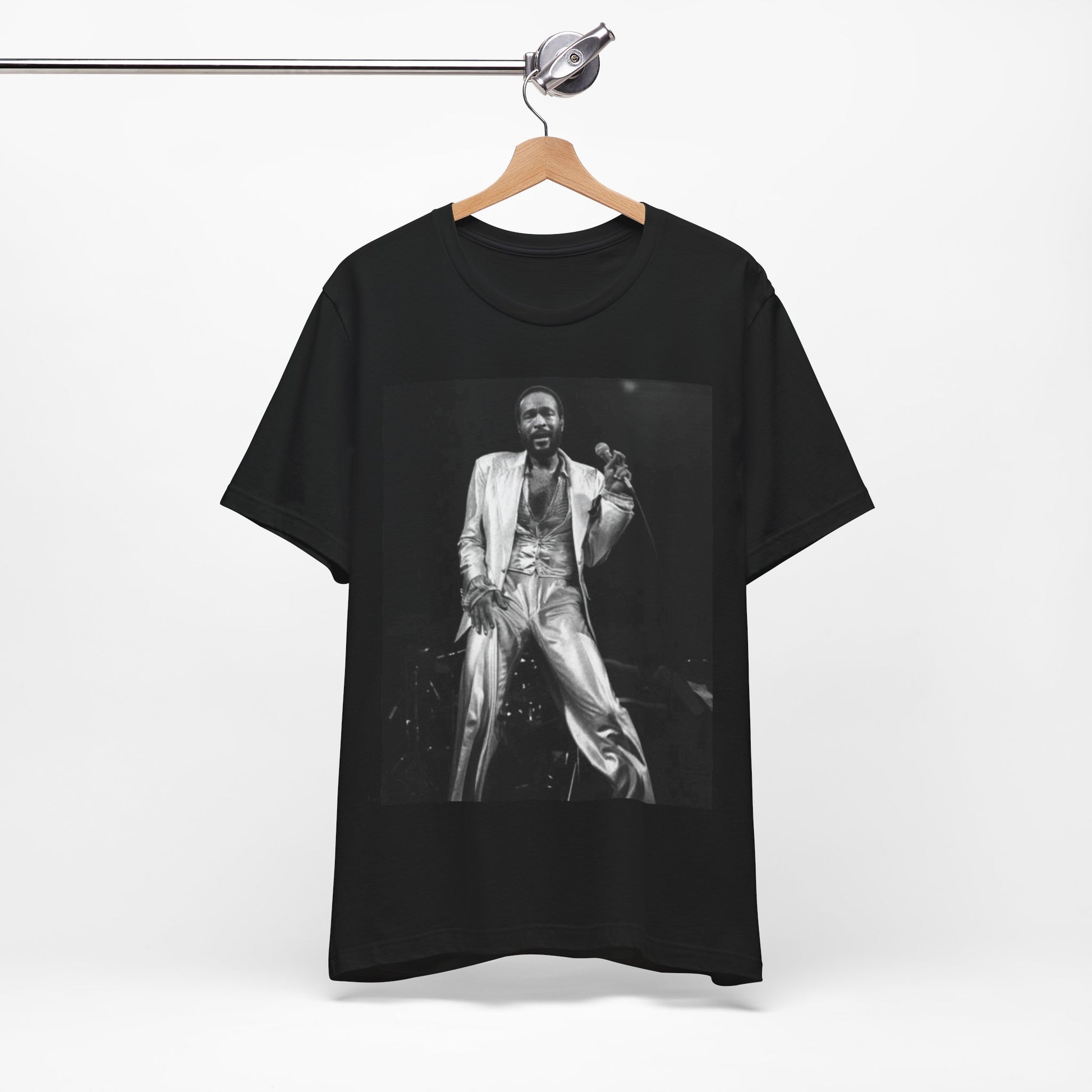 A black graphic t-shirt featuring a live graphic related to Marvin Gaye's 'Sexual Healing' song or era.