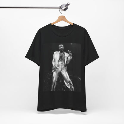 A black graphic t-shirt featuring a live graphic related to Marvin Gaye's 'Sexual Healing' song or era.