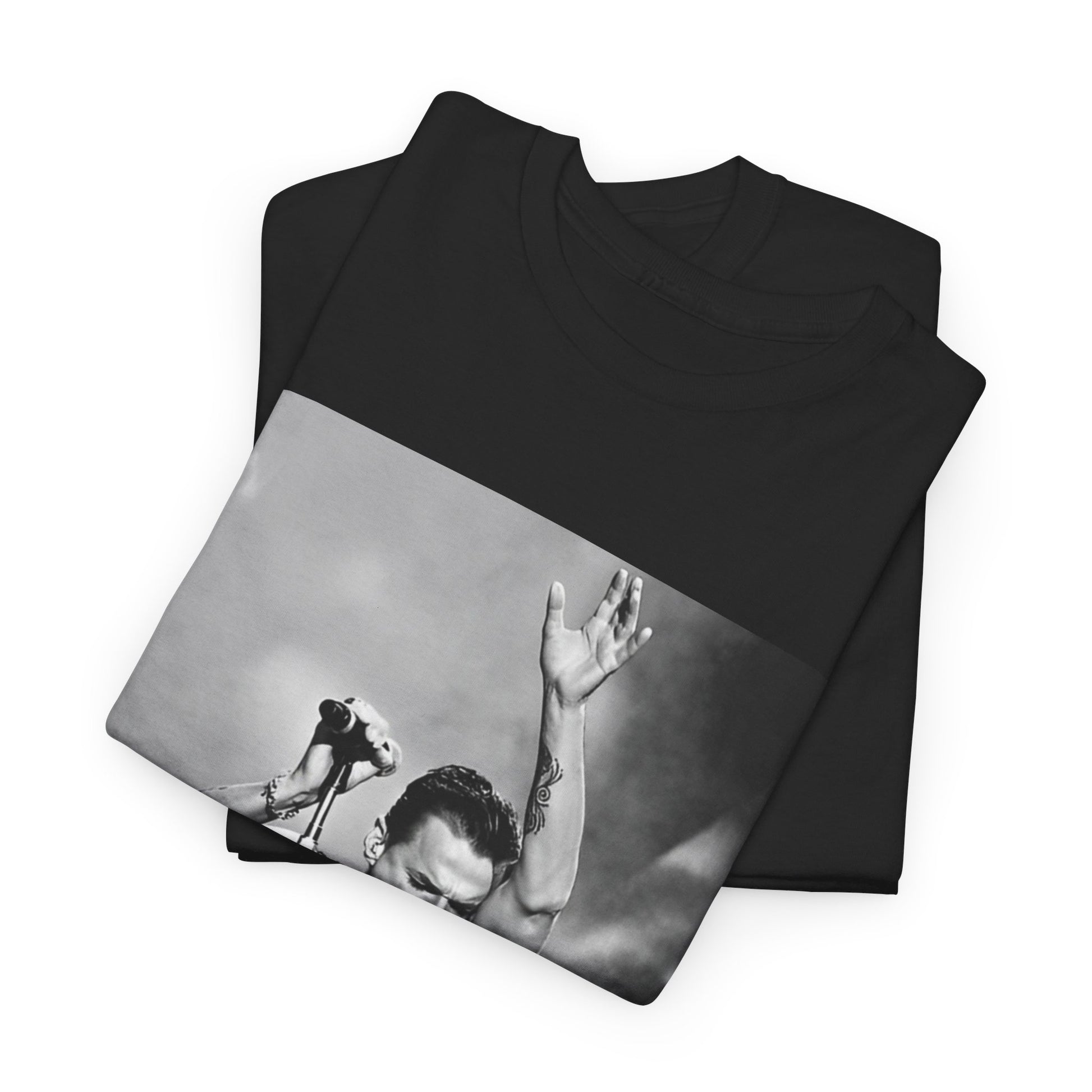 A black graphic t-shirt featuring a graphic or photo of Depeche Mode performing live on stage from the 'Personal Jesus' era.