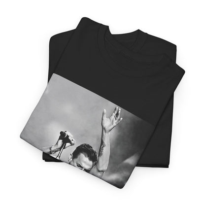 A black graphic t-shirt featuring a graphic or photo of Depeche Mode performing live on stage from the 'Personal Jesus' era.