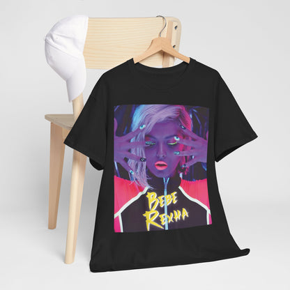 A black graphic t-shirt featuring a stylized graphic of Bebe Rexha, designed with a modern pop aesthetic.