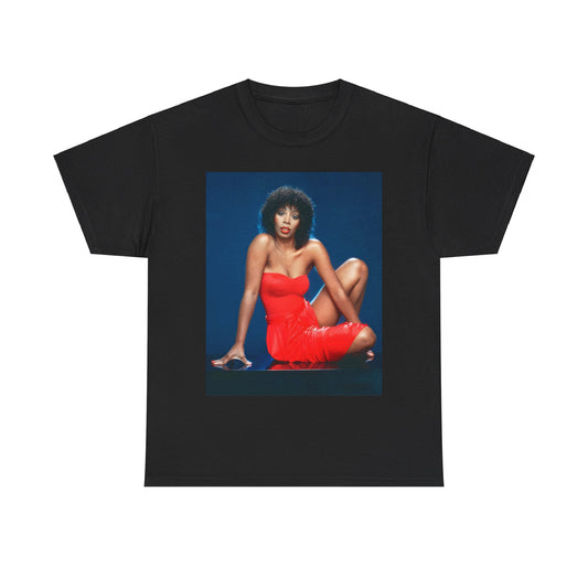 A black graphic t-shirt featuring a graphic of Donna Summer, designed in a Studio 54 style.
