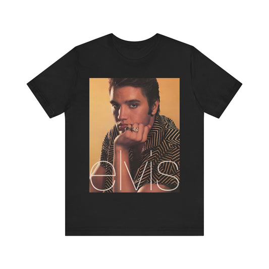 A black graphic t-shirt featuring an aesthetic photo portrait of Elvis Presley.