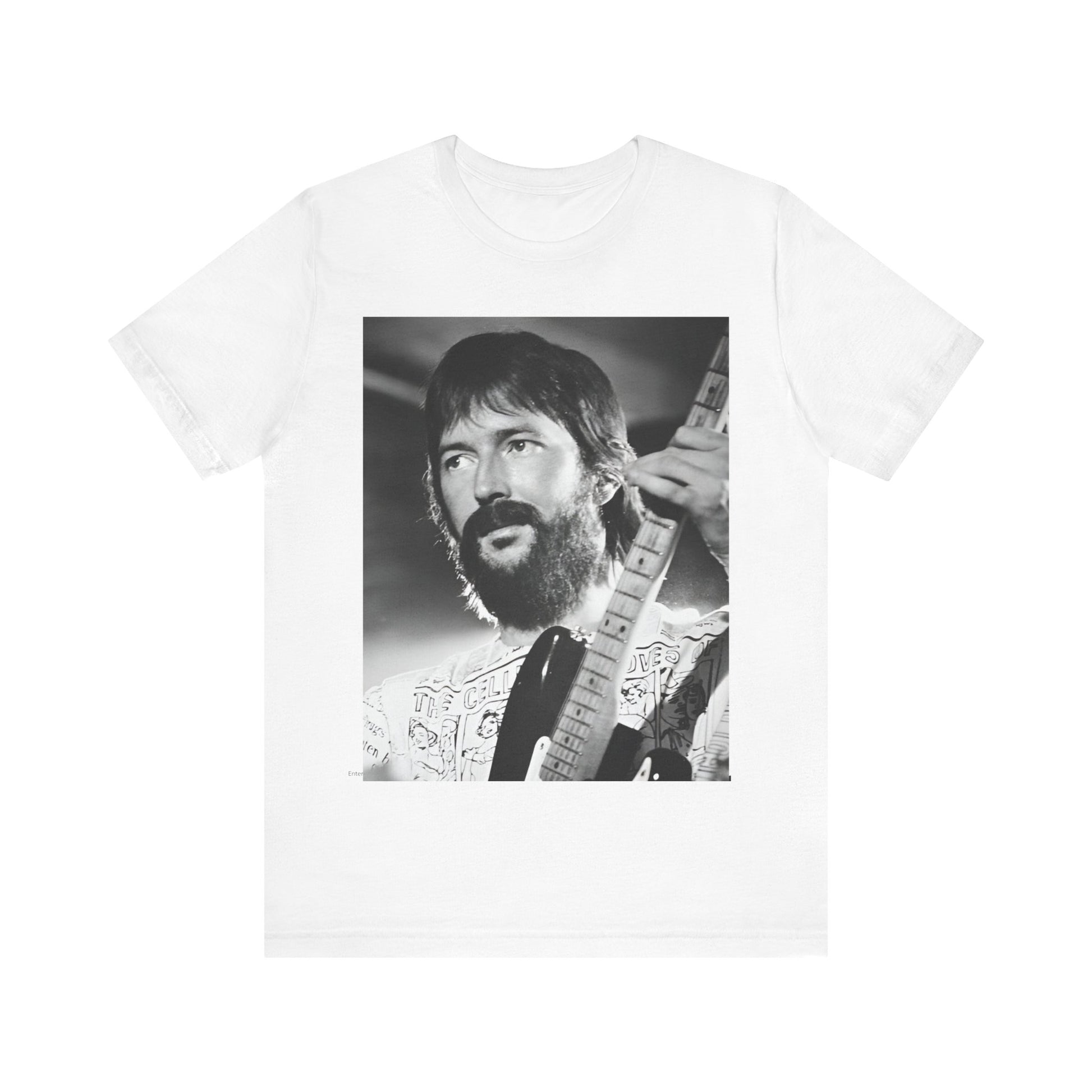 A black graphic t-shirt featuring a graphic of Eric Clapton as an authentic guitar god.