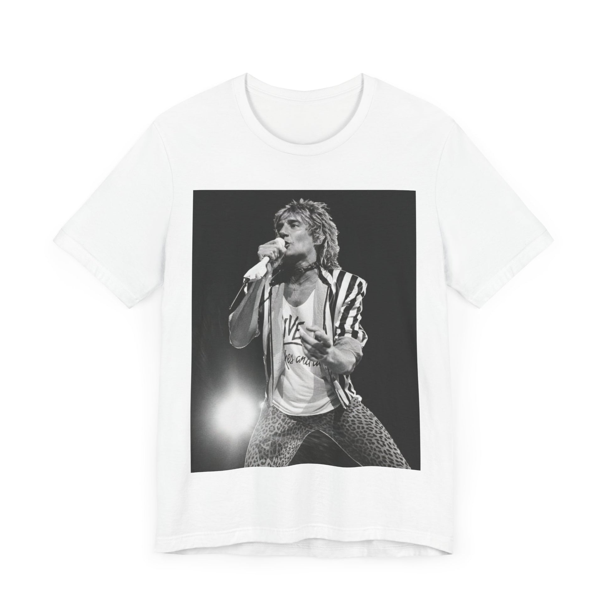 A black graphic t-shirt featuring a black and white portrait photo of Rod Stewart.