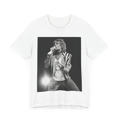 A black graphic t-shirt featuring a black and white portrait photo of Rod Stewart.
