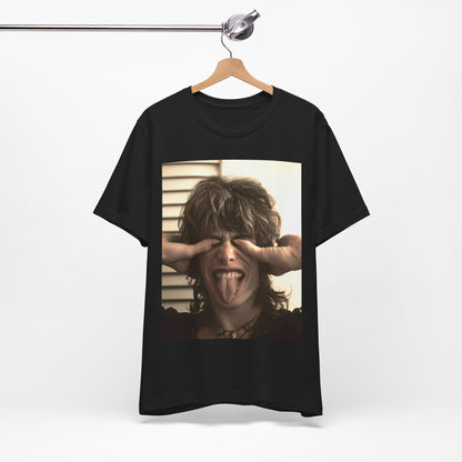 A black graphic t-shirt featuring a vintage 70s band photo of Aerosmith, showing the members in their iconic early looks.
