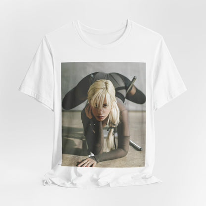 A black graphic t-shirt featuring a vintage-style graphic of Camila Cabello, possibly with a crown or 'Pop Queen' title.