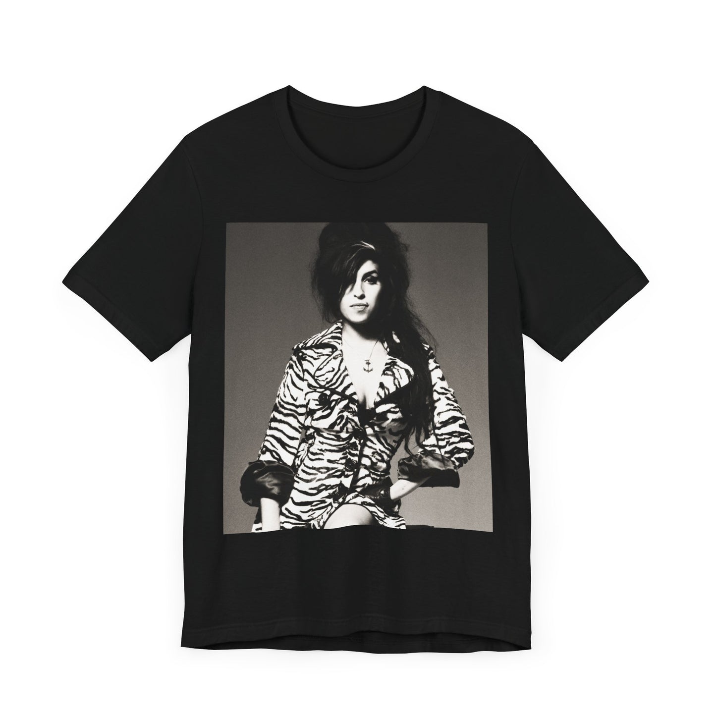 A black graphic t-shirt featuring a graphic related to Amy Winehouse's 'Back to Black' album era from 2006, possibly with album art elements.