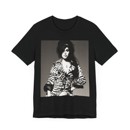A black graphic t-shirt featuring a graphic related to Amy Winehouse's 'Back to Black' album era from 2006, possibly with album art elements.