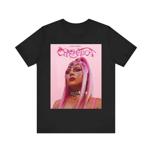 A black graphic t-shirt featuring a graphic related to Lady Gaga's 'Chromatica' album.