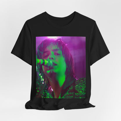 A black graphic t-shirt featuring a graphic related to The Strokes and the early 2000s rock revival.