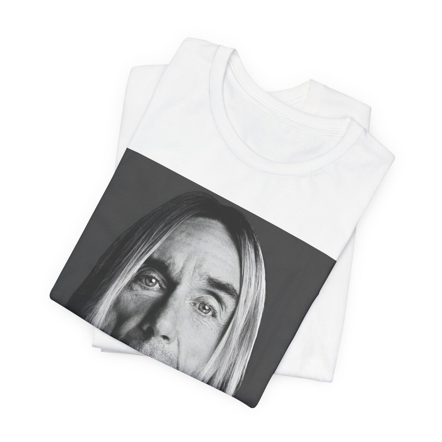 A black graphic t-shirt featuring a black and white portrait photo of Iggy Pop.