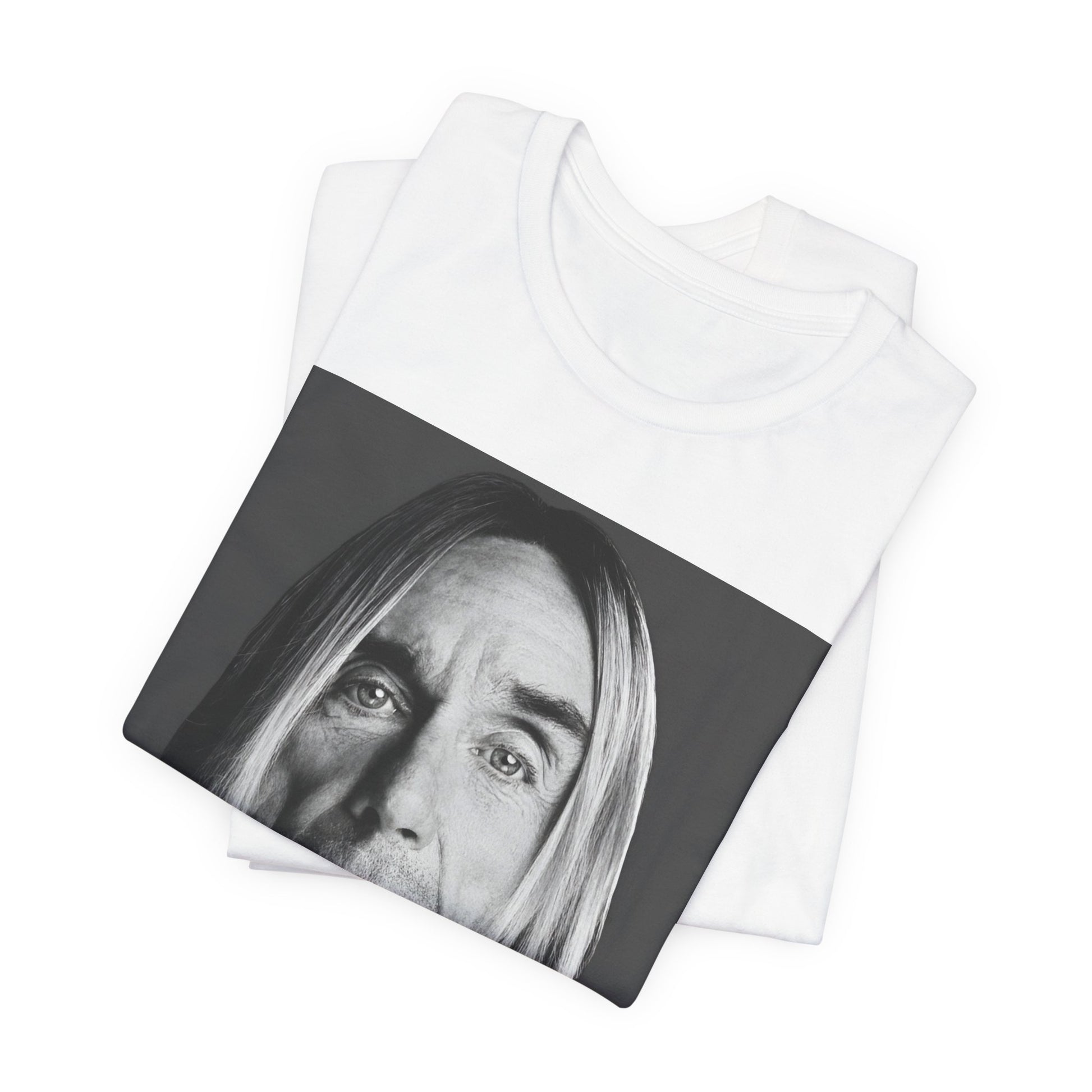 A black graphic t-shirt featuring a black and white portrait photo of Iggy Pop.
