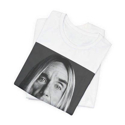 A black graphic t-shirt featuring a black and white portrait photo of Iggy Pop.