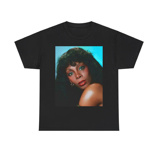 A black graphic t-shirt featuring a graphic related to Donna Summer's 'Last Dance' song or era.