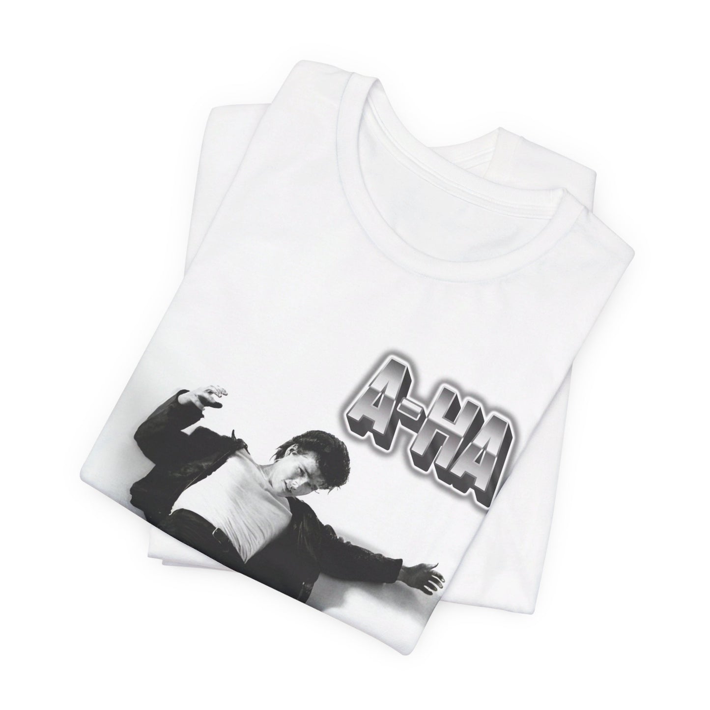 A black graphic t-shirt featuring a photo of the band A-HA, styled to evoke their "Take On Me" music video from the 1980s.n.