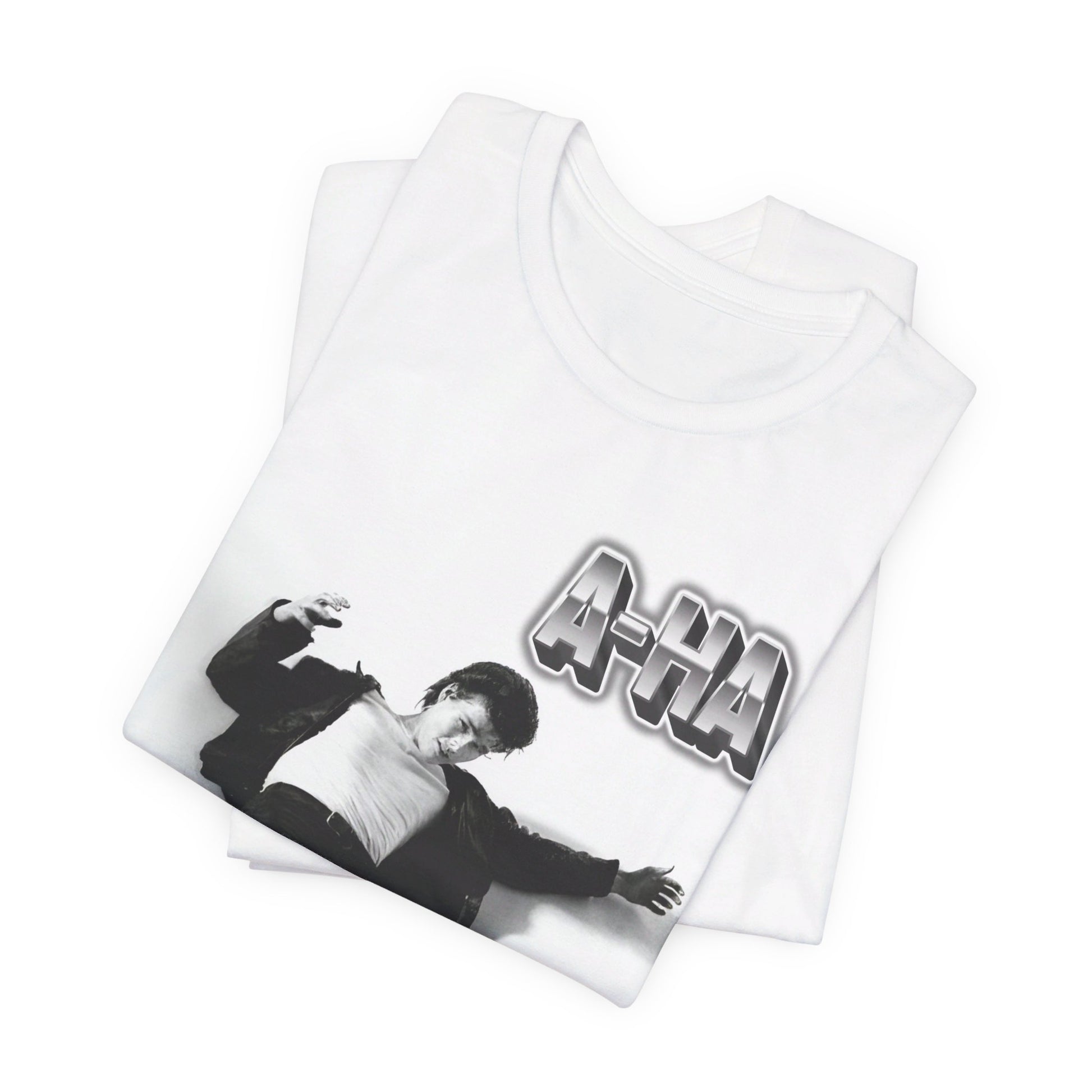 A black graphic t-shirt featuring a photo of the band A-HA, styled to evoke their "Take On Me" music video from the 1980s.n.