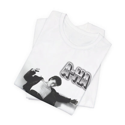A black graphic t-shirt featuring a photo of the band A-HA, styled to evoke their "Take On Me" music video from the 1980s.n.