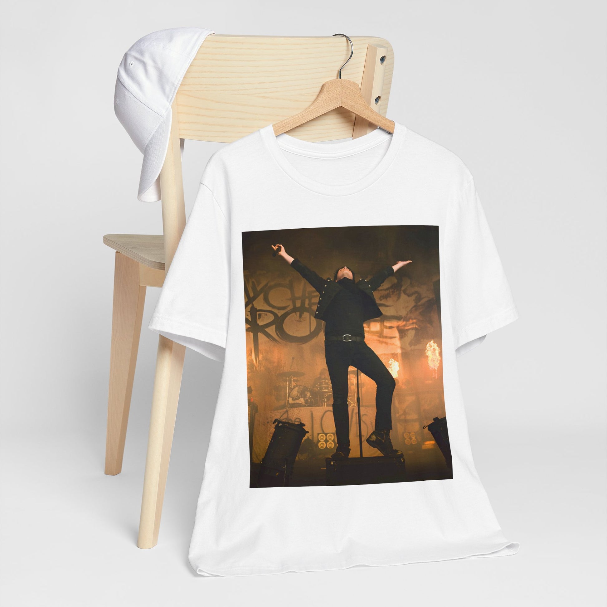 A black graphic t-shirt featuring an on-stage merch graphic of My Chemical Romance.