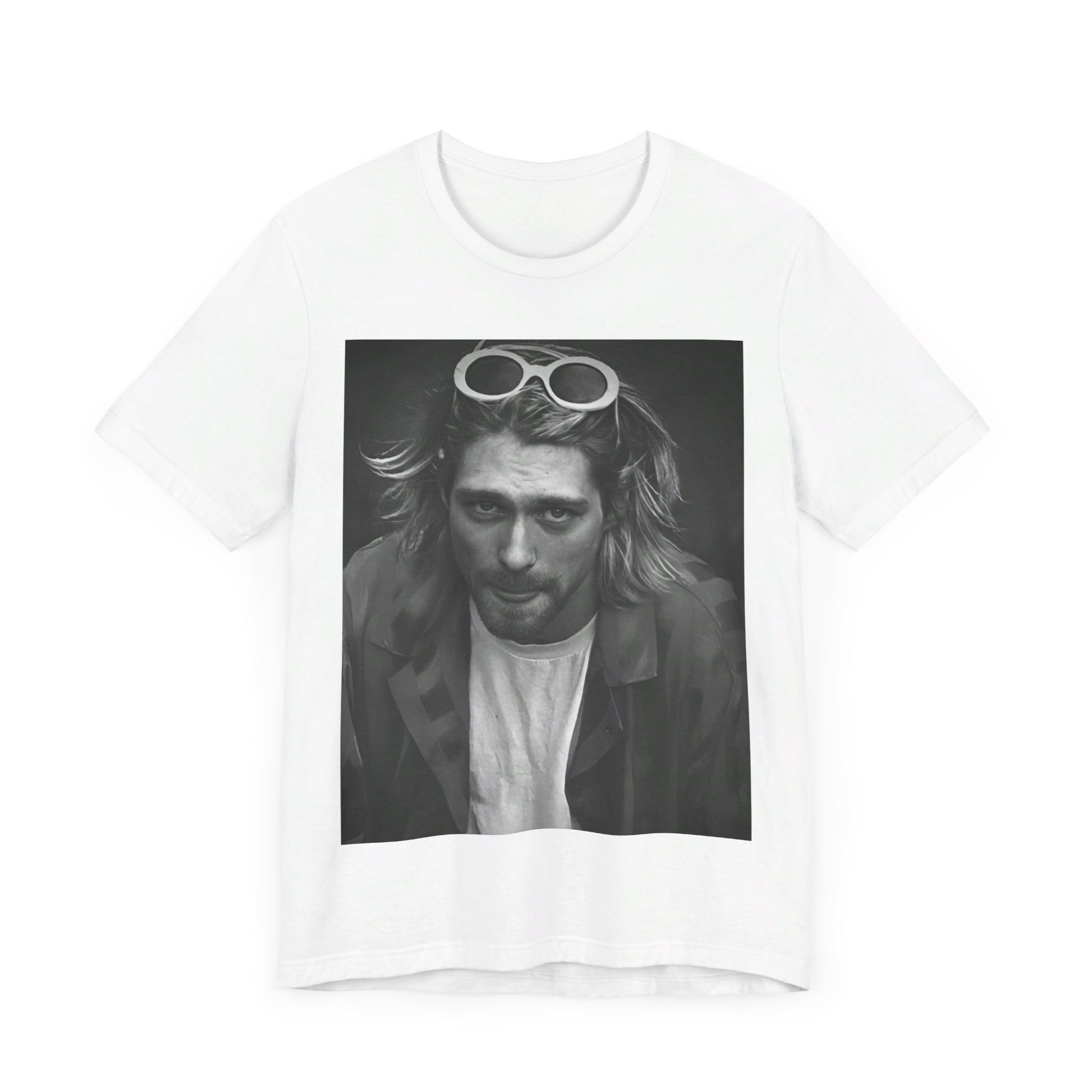 A black graphic t-shirt featuring a photo of Kurt Cobain from Nirvana wearing sunglasses.