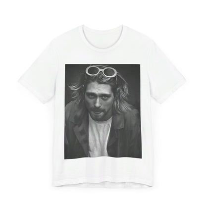 A black graphic t-shirt featuring a photo of Kurt Cobain from Nirvana wearing sunglasses.