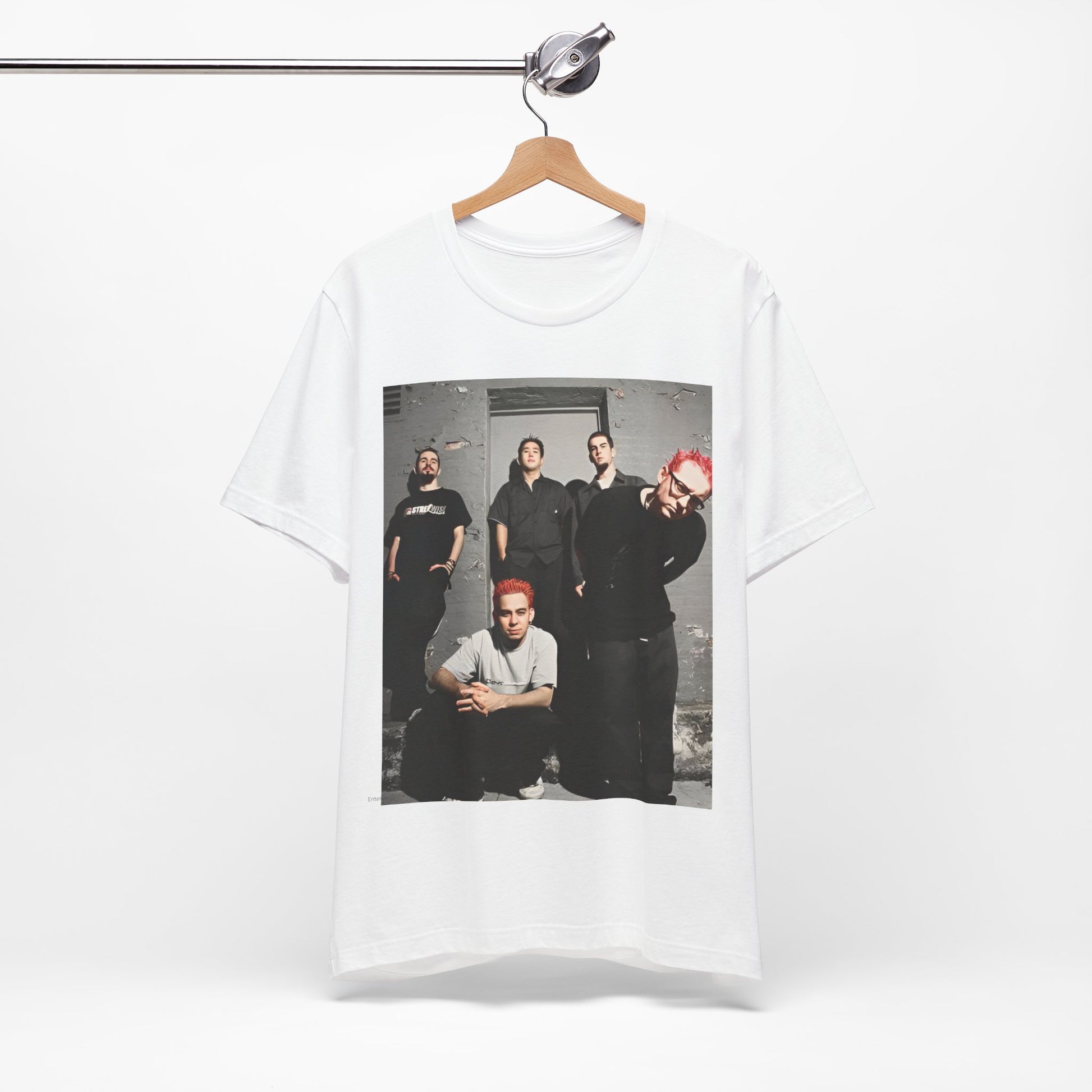 A black graphic t-shirt featuring a retro alt rock band graphic of Linkin Park.