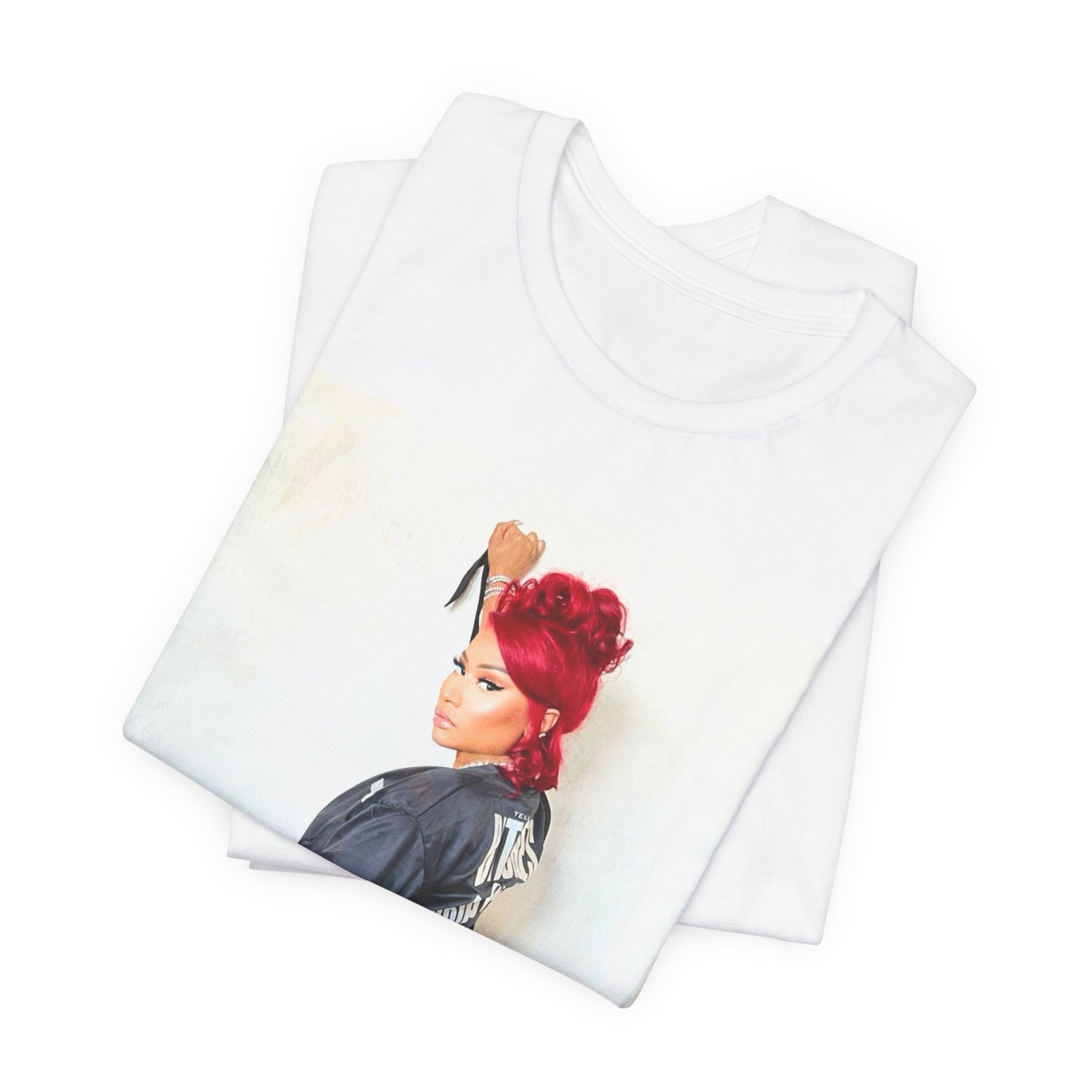A black graphic t-shirt featuring a graphic of Nicki Minaj in an iconic power pose.