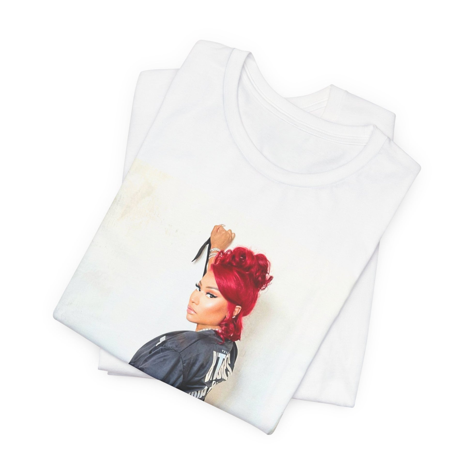 A black graphic t-shirt featuring a graphic of Nicki Minaj in an iconic power pose.