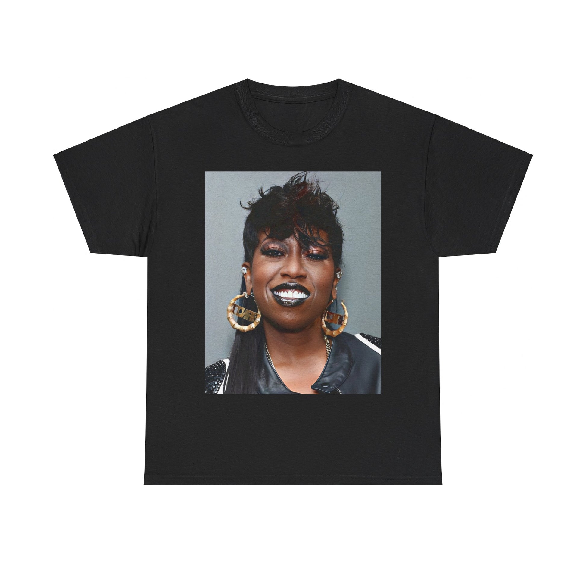 A black graphic t-shirt featuring a bold graphic of Missy Elliott as a rap superstar.