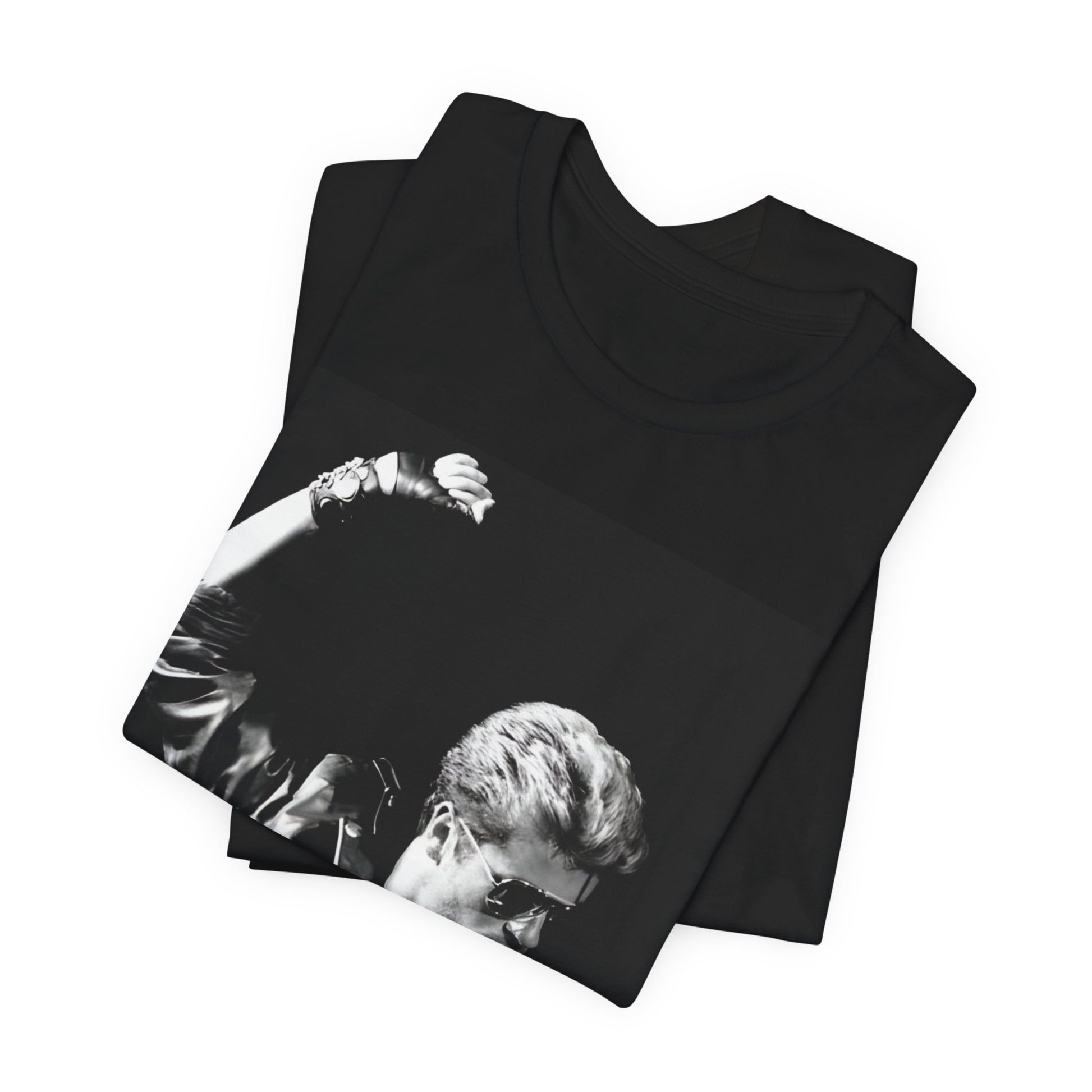 A black graphic t-shirt featuring a black and white photo of George Michael from his 'Faith' album era.