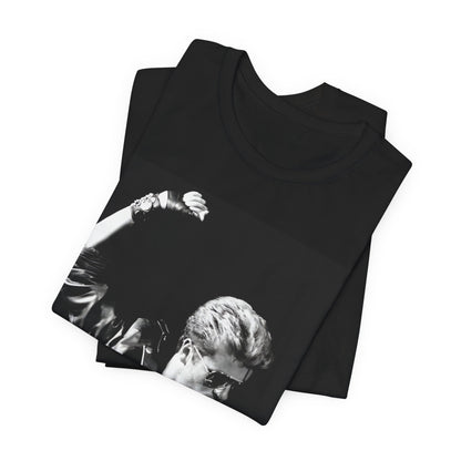 A black graphic t-shirt featuring a black and white photo of George Michael from his 'Faith' album era.