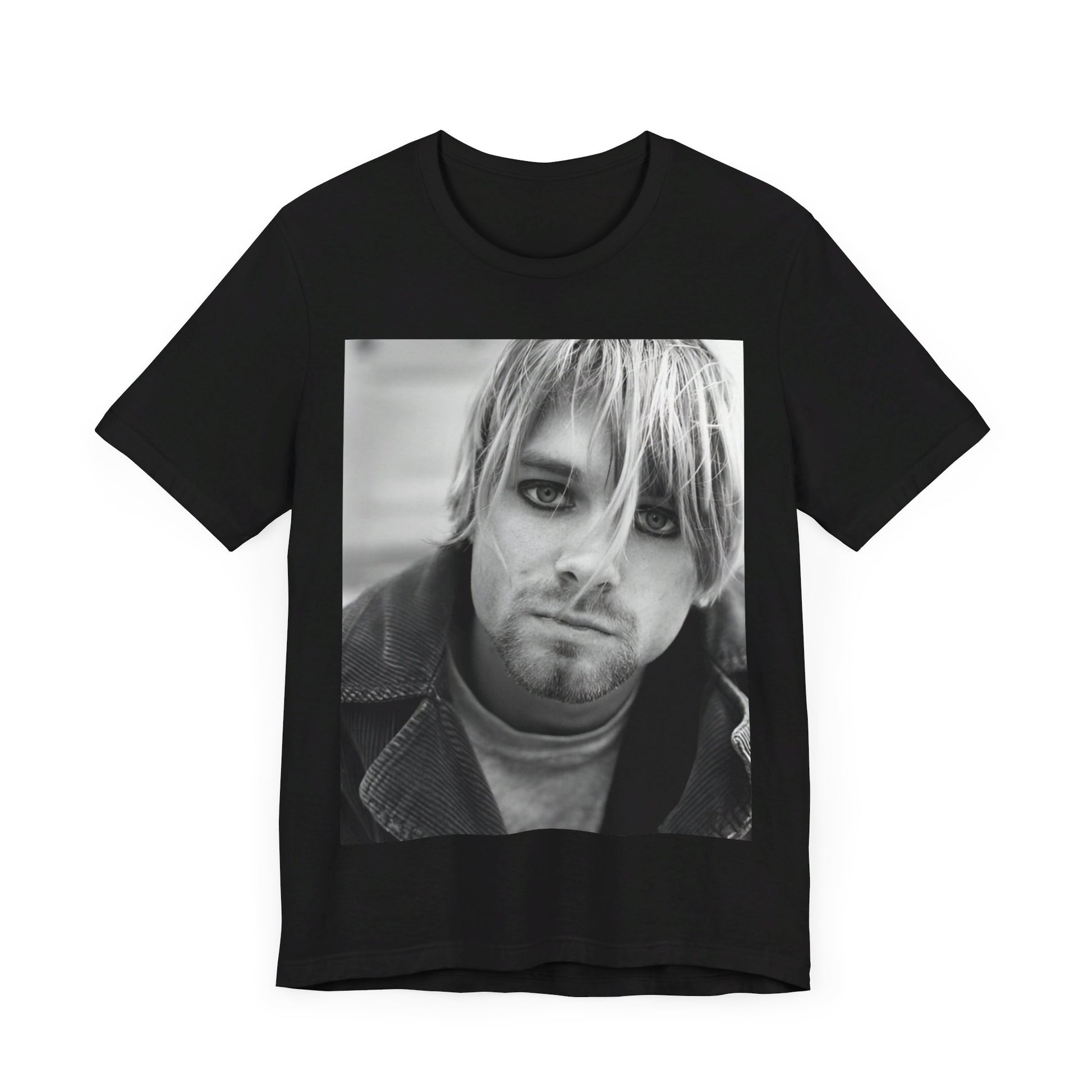 A black graphic t-shirt featuring a classic 90s alt rock graphic of Nirvana.