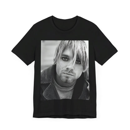 A black graphic t-shirt featuring a classic 90s alt rock graphic of Nirvana.