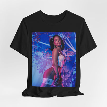 A black graphic t-shirt featuring a graphic of Rihanna as a lingerie goddess.