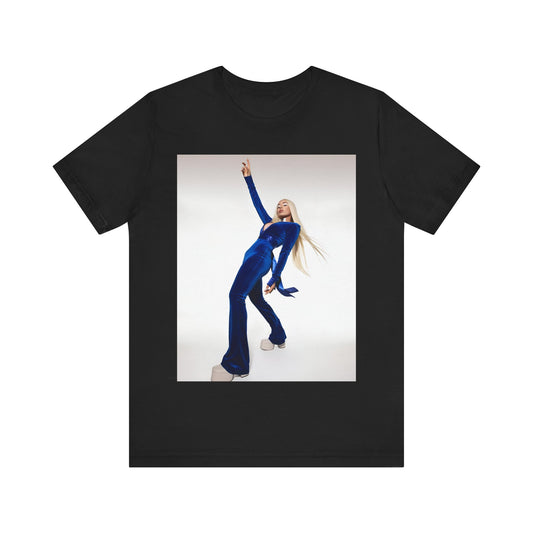 A black graphic t-shirt featuring Ava Max in a blue jumpsuit, in a graphic or photo style.