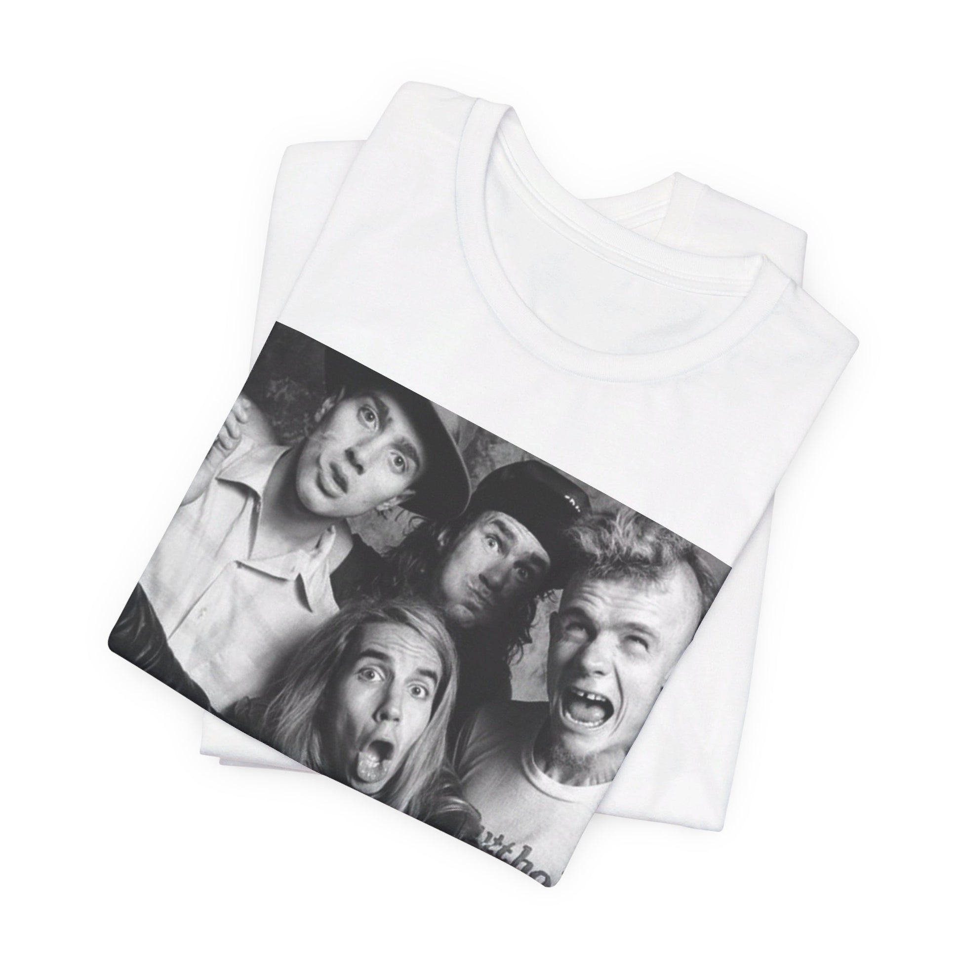 A black graphic t-shirt featuring an early days energy graphic of Red Hot Chili Peppers.