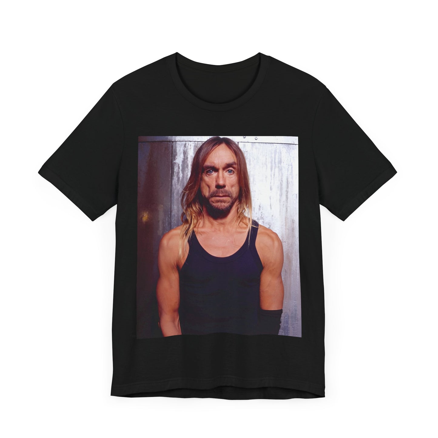 A black graphic t-shirt featuring a 90s vintage proto-punk icon graphic of Iggy Pop.