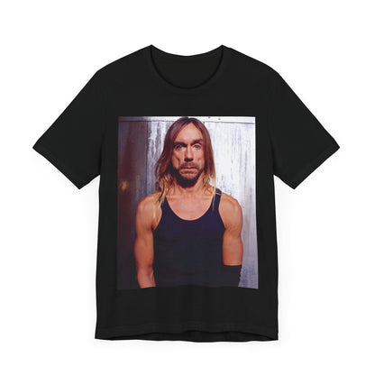 A black graphic t-shirt featuring a 90s vintage proto-punk icon graphic of Iggy Pop.