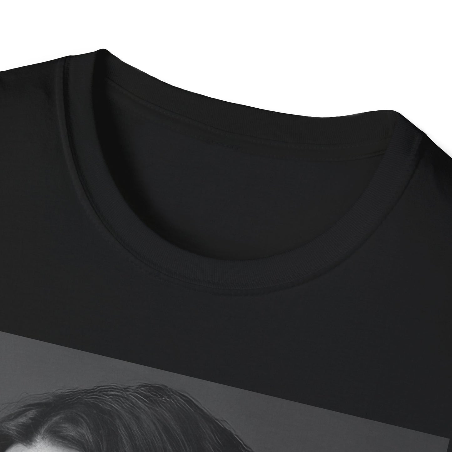 A black graphic t-shirt featuring a 90s-style black and white portrait of Alanis Morissette, showing her with a poised or thoughtful expression.