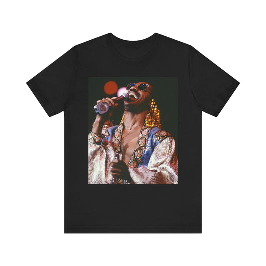 A black graphic t-shirt featuring a 70s vintage soul icon graphic of Stevie Wonder.