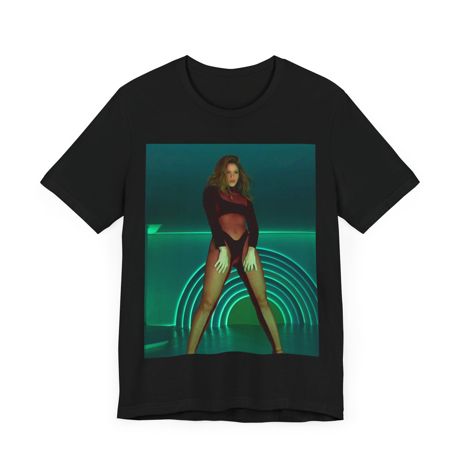 A black graphic t-shirt featuring a graphic of Shakira as the Queen of the Dance Floor.