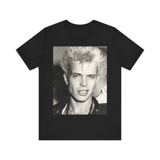A black graphic t-shirt featuring a vintage black and white monochrome graphic of Billy Idol.